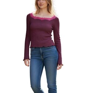 Free People Oh My Darling Purple Lace Trim Cottagecore Boho Shirt L NWT